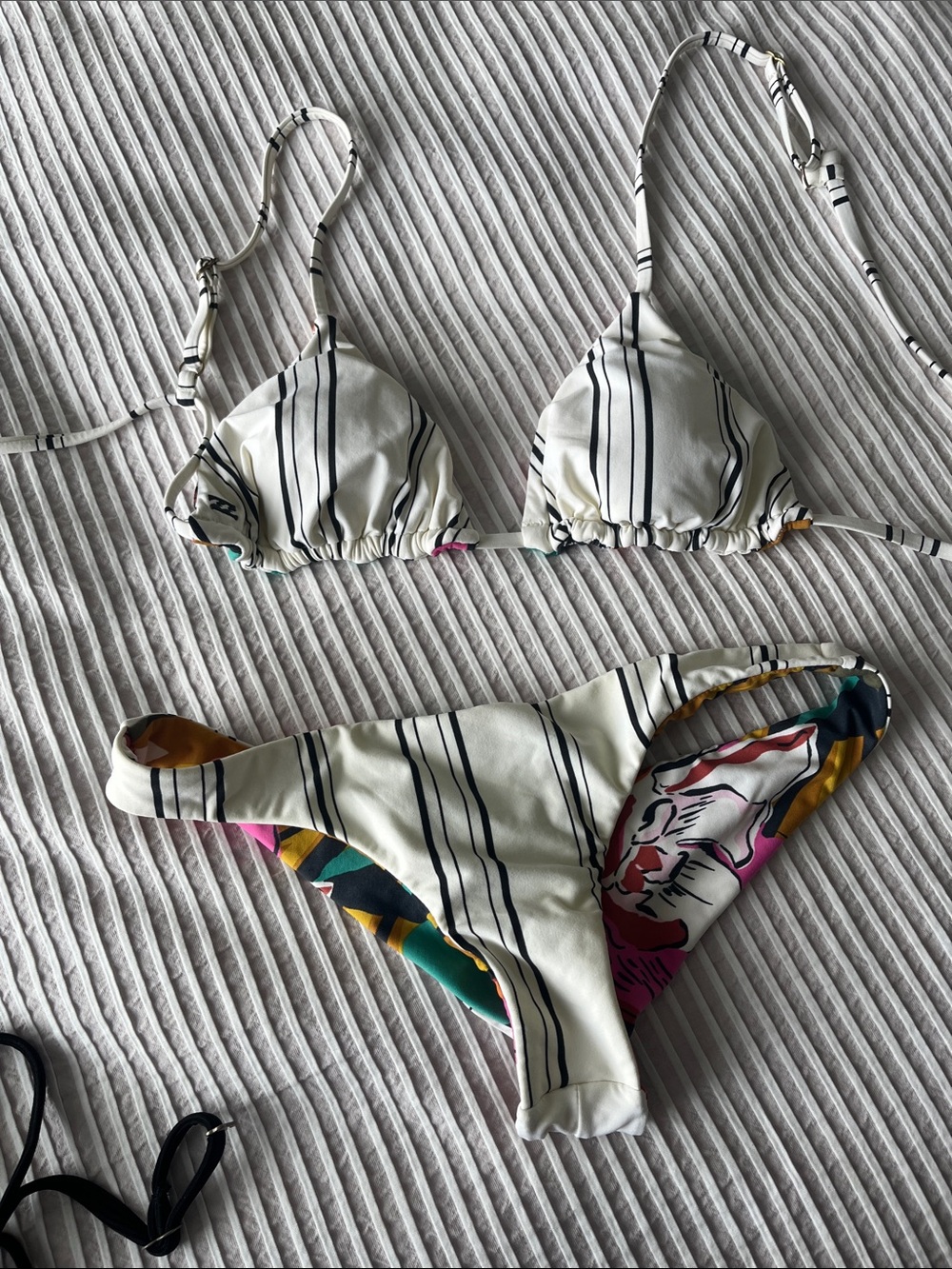 Billabong  White Striped Triangle Bikini with Floral Accent
